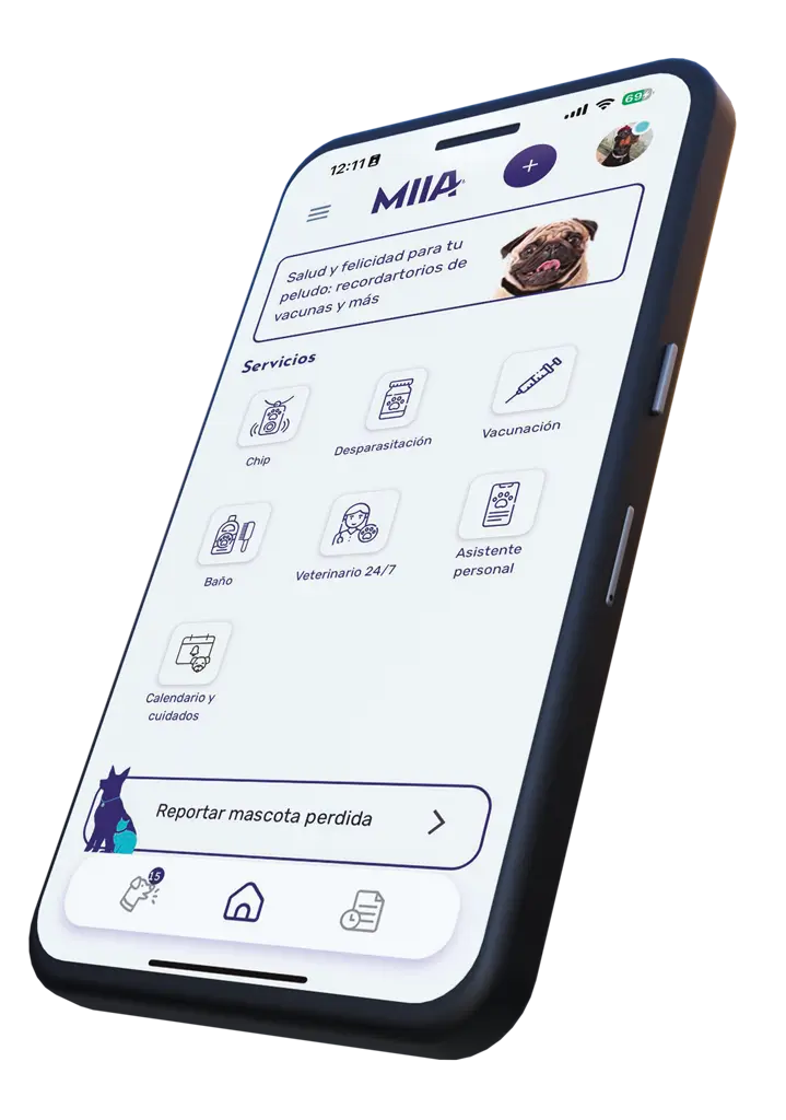Pantalla de perfil de mascota en la app MIIA
