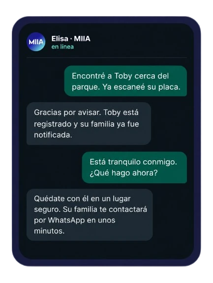 Conversación por WhatsApp: alguien encontró a Toby y escaneó su placa; Elisa confirma que su familia ya fue notificada y le pide quedarse con él en un lugar seguro.