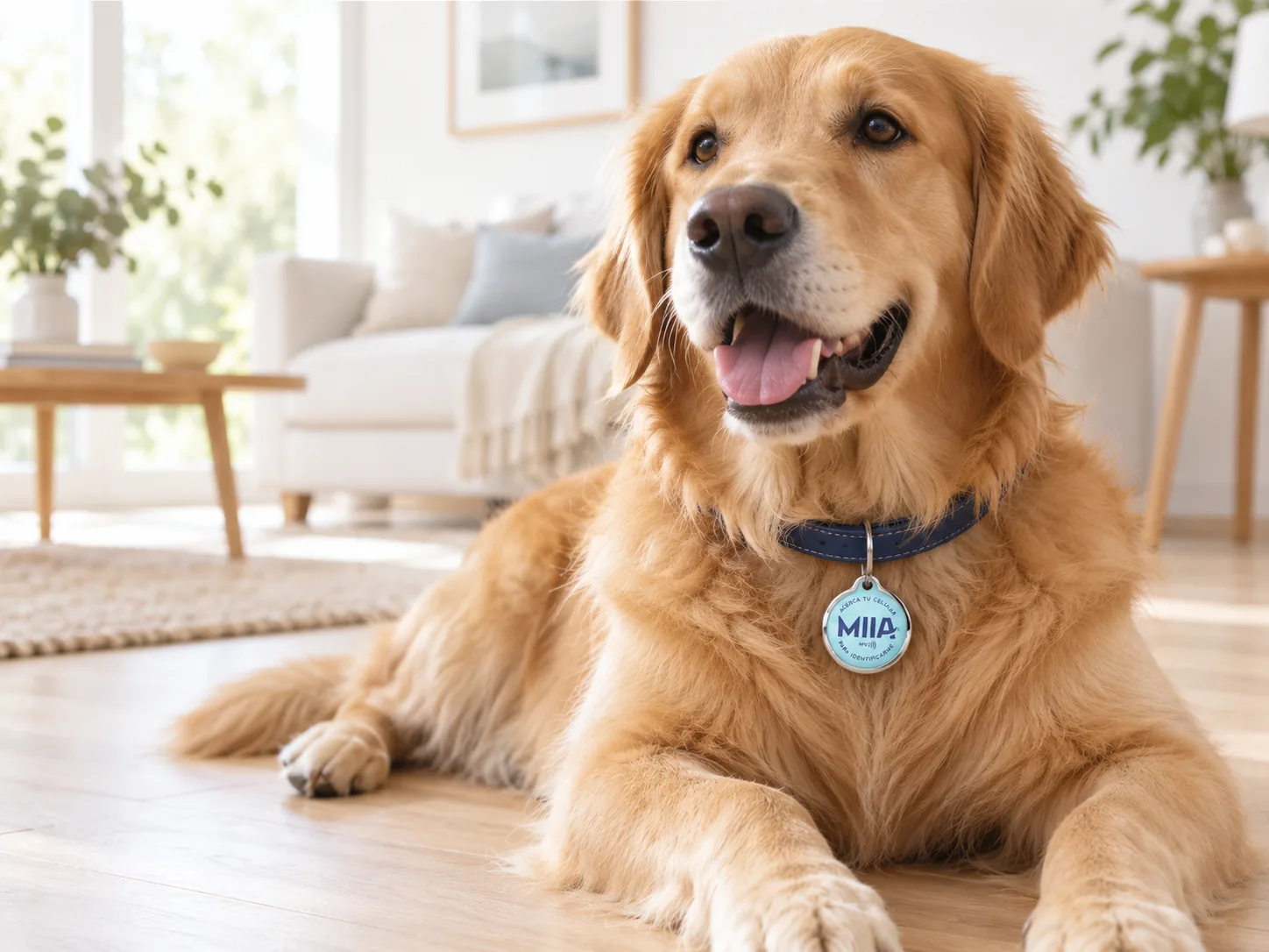 Un golden retriever en casa con la placa ChipGuard de MIIA en el collar